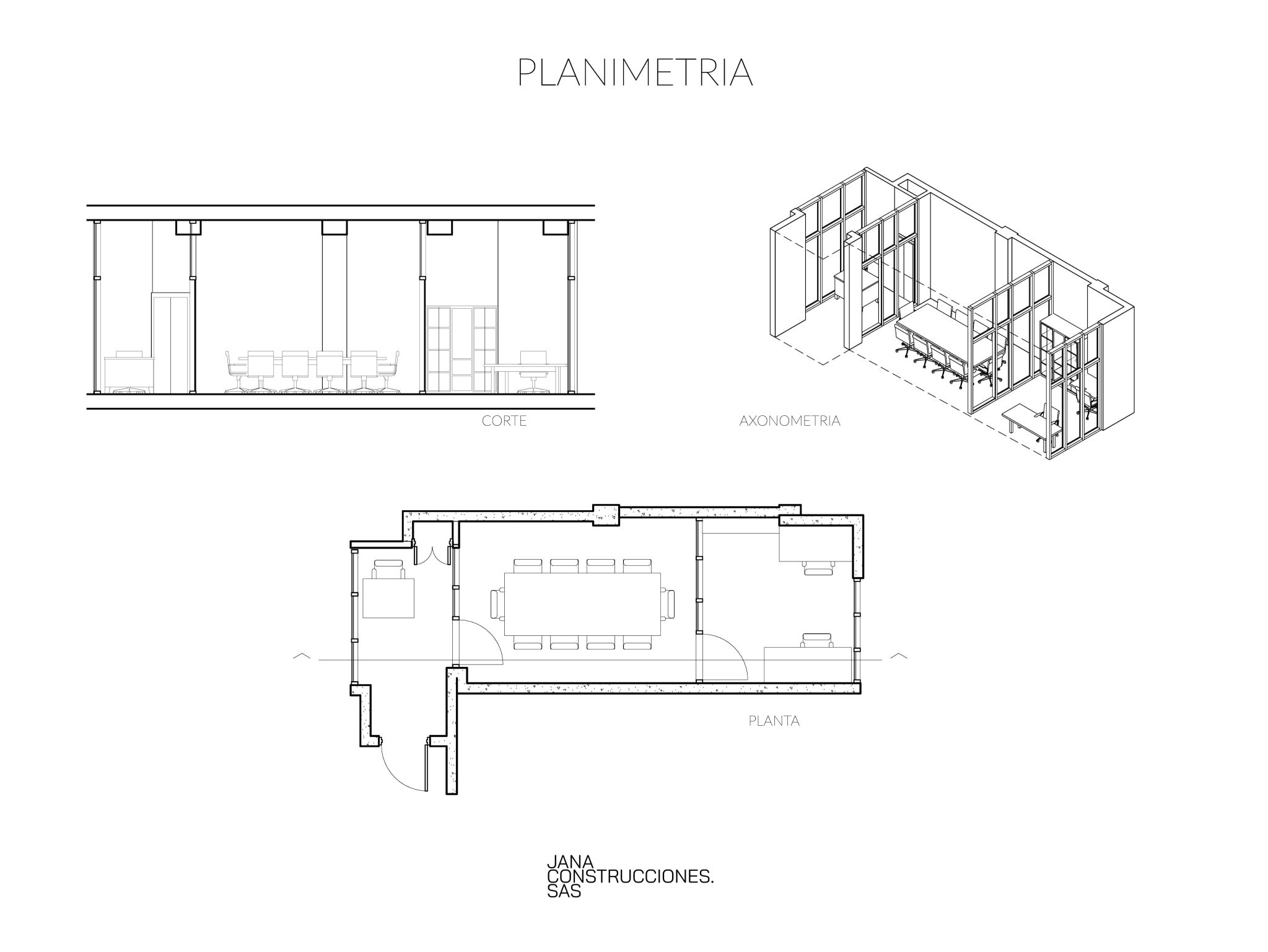 Planimetría del proyecto — planta, corte y axonometría